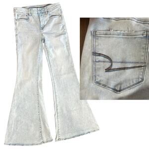 American Eagle Jeans Womens 8 Long Blue Festival Flare Stretch Hippie Rainbow